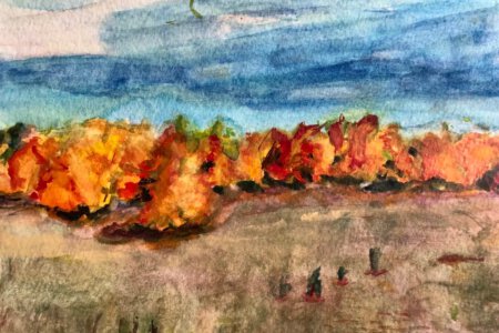 Bild von Maria.Ein Waldrand im Herbst, davor ein Feld. Am Himmel kann man erkennen, dass es sich um Aquarelltechnik handelt, der Rest ist fast deckend gemalt. Eine dramatische Lichtstimmung im Herbst, erkennbar am rot gefärbten Laub. Der Himmel ist dunkel. Farbigkeit und Duktus sind expressiv. 