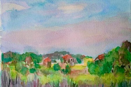 Bild von Hsu. Ein Aquarell, sehr transparent gemalt. Die Farben sind zurückhaltend, es ist ein bisschen dunstig. Ein grosser Himmel, unten eine Wiese und ein kleines Haus. Vorne im Bild sind Gräser zu sehen,  es sieht etwas exotisch aus.