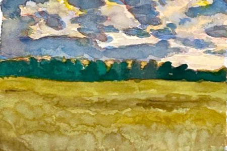 Bild von Hannes. Eine Wiese mit Waldrand in Aquarell, die Farben sind kräftig. An der Farbe der Wiese sieht man, dass es Hochsommer ist. Der Himmel ist dunkel, vielleicht zieht ein Gewitter auf. Expressiver Duktus.